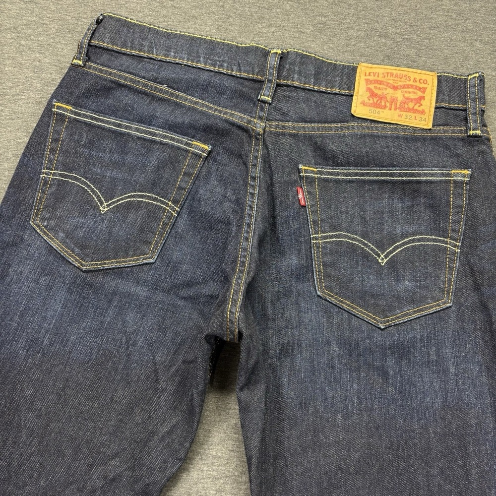 Levis 504 Jeans Mens 32x34 Blue Denim Straight Leg Stretch Fade Whiskering